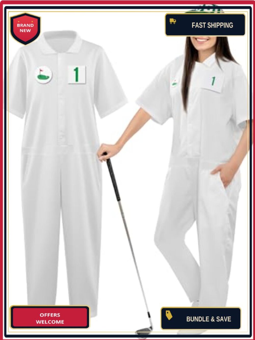 Golf Caddy Costume Women 54-Pc Kit Jumpsuit Cap Halloween Cosplay